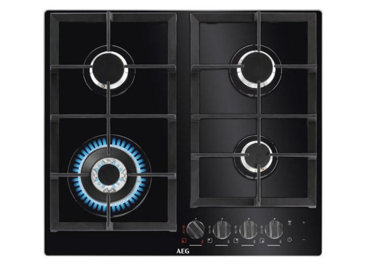 AEG 60cm Built-In Gas Hob on Glass with 4 Burners and Cast Iron Support with Heat Indicator - HKB64540NB