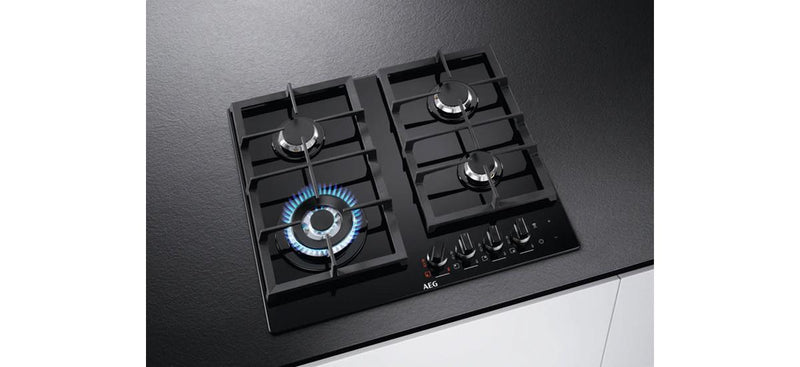 AEG 60cm Built-In Gas Hob on Glass with 4 Burners and Cast Iron Support - HKB64450NB