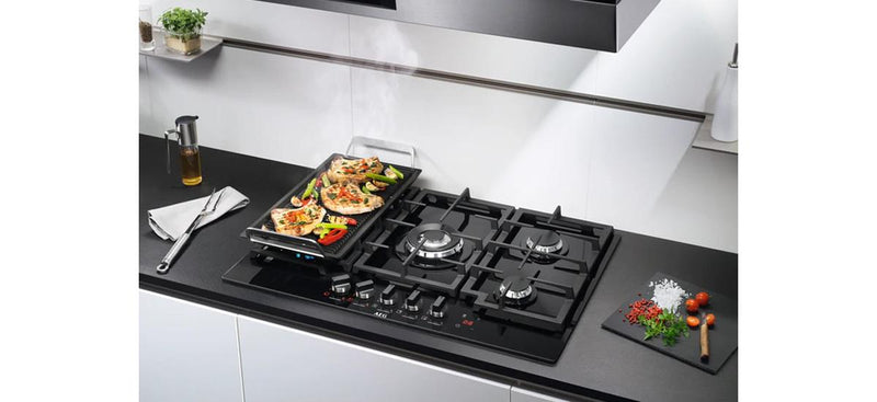 AEG 75cm Built-In Gas Hob on Glass with 5 Burners and Cast Iron Support - HKB75540NB