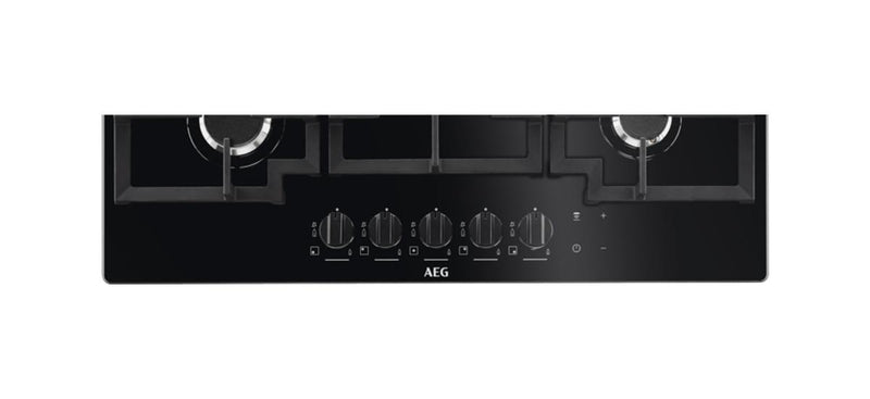 AEG 75cm Built-In Gas Hob on Glass with 5 Burners and Cast Iron Support - HKB75540NB