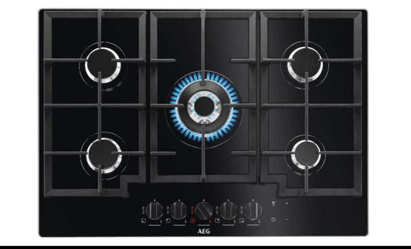 AEG 75cm Built-In Gas Hob on Glass with 5 Burners and Cast Iron Support - HKB75540NB