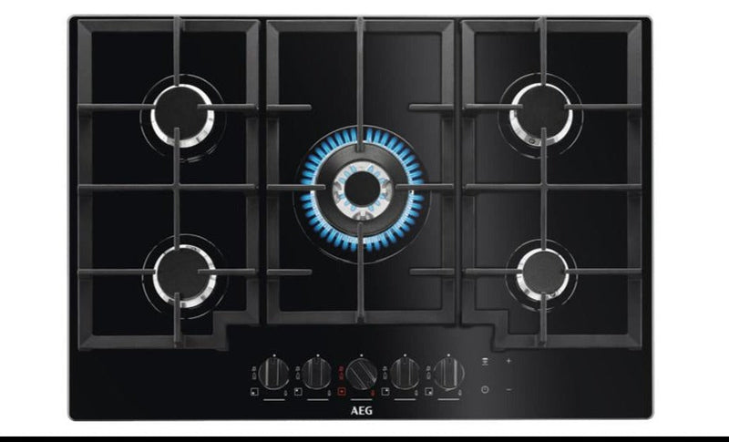 AEG 75cm Built-In Gas Hob on Glass with 5 Burners and Cast Iron Support - HKB75450NB