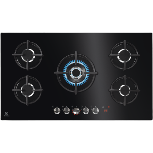 ELECTROLUX 90cm Built-In Gas on Glass Hob with 5 Burners and Cast Iron Support - KGG95375K