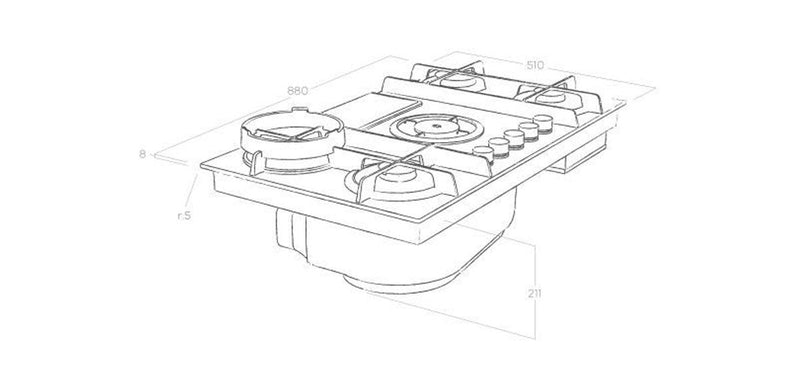 ELICA 88cm NikolaTesla Flame Built-In Gas Hob on Glass with 4 Cooking Zones and Cast Iron Support - NIKOLAFLAME-BL/F/88