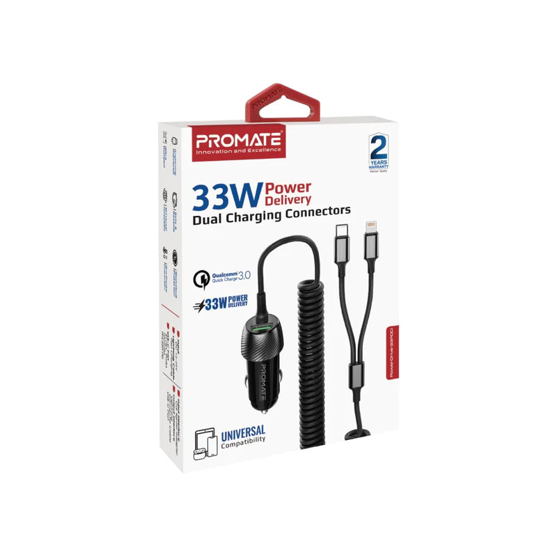 PROMATE 33W Car Charger with Lightning Connector & USB-C Cable - POWERDRIVE-33PDCI