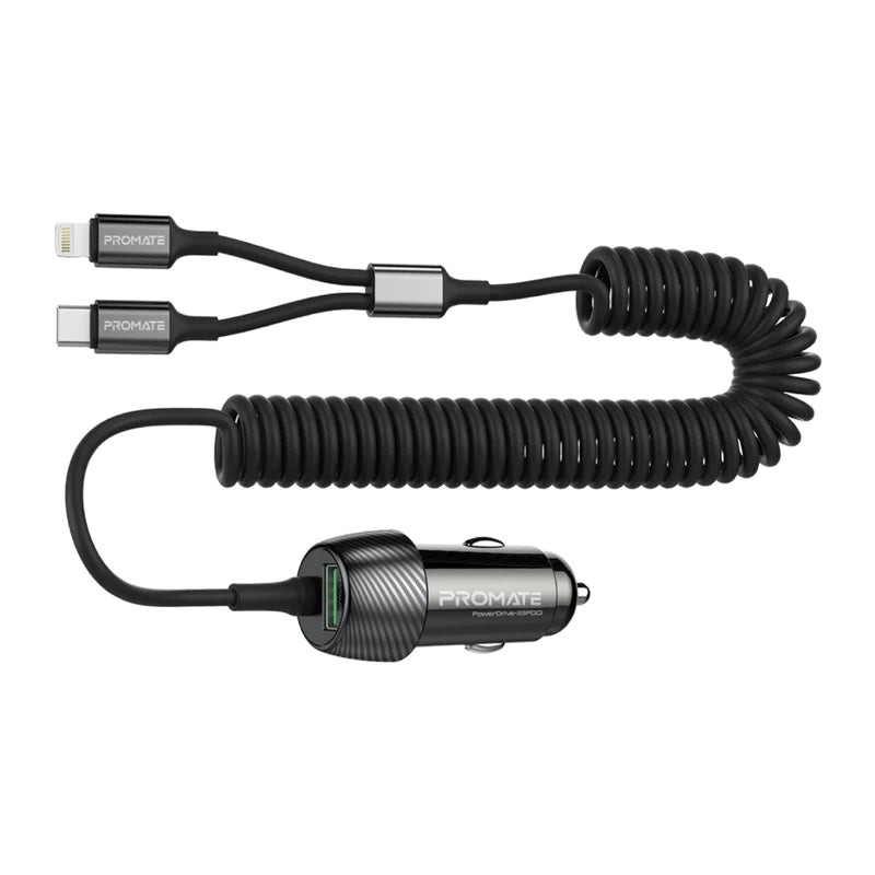 PROMATE 33W Car Charger with Lightning Connector & USB-C Cable - POWERDRIVE-33PDCI