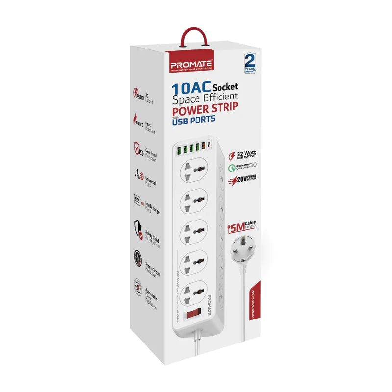 PROMATE 10AC Socket Space Efficient Power Strip with USB Ports 5M - POWERMATRIX-5M