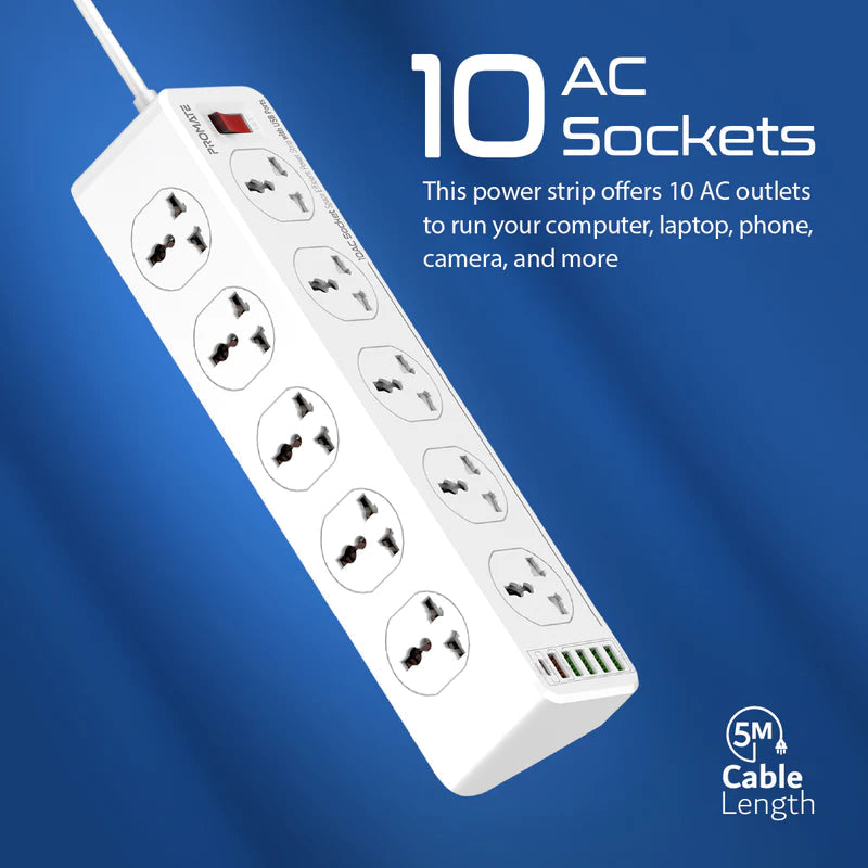 PROMATE 10AC Socket Space Efficient Power Strip with USB Ports 3M - POWERMATRIX-3M