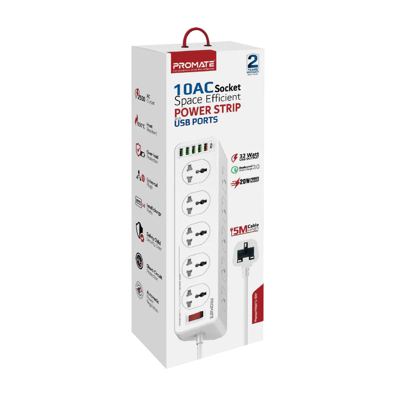 PROMATE 10AC Socket Space Efficient Power Strip with USB Ports 3M - POWERMATRIX-3M