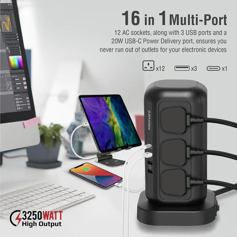 PROMATE 16-in-1 Multi-Socket Surge Protected Power Tower 5M - POWERTOWER-5