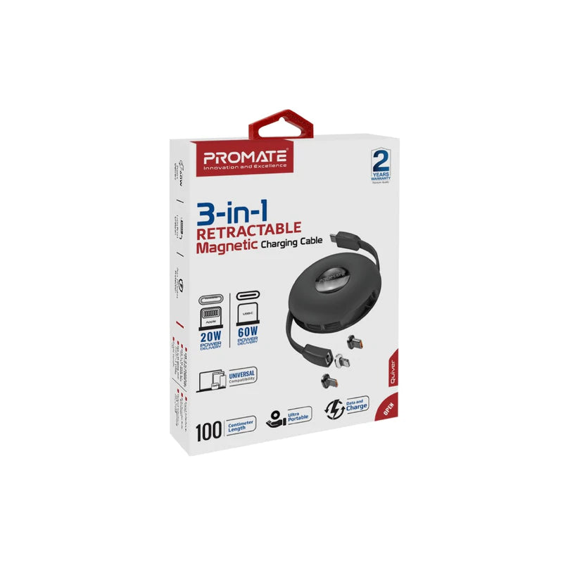 PROMATE 3-in-1 Retractable Magnetic Charging Cable - QUIVER.BLACK - Sept Promo till 30 Sept