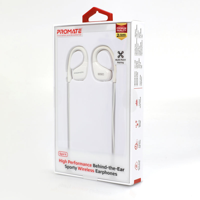PROMATE Spirit Wireless Headphones, Premium Sweatproof Bluetooth v4.1 Sport Behind-Ear Running with HD Sound Quality, Noise Cancelling and Built-in Mic, White - SPIRIT.WHITE