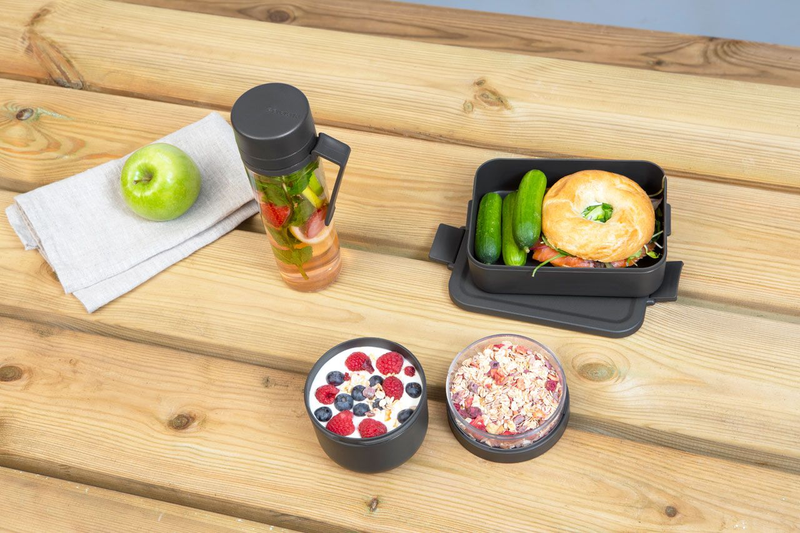 BRABANTIA Make & Take Breakfast and Lunch Set, 3 pieces (Water Bottle + Breakfast Bowl + Lunch Box Medium Plastic) - Dark Grey